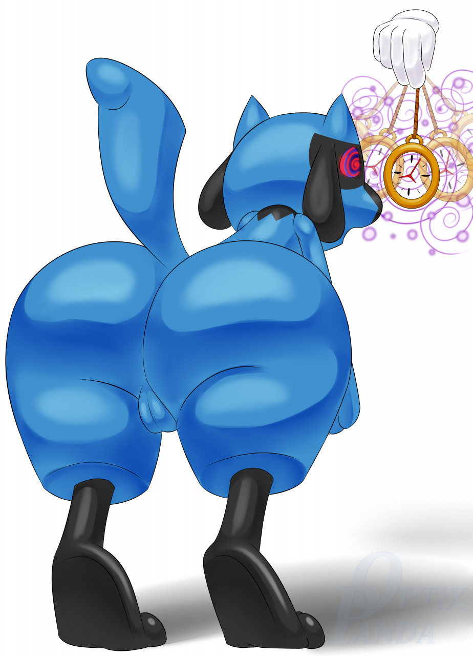 2021 artist_name bent_over big_butt blue_body butt digital_drawing_(artwork) digital_media_(artwork) duo female floating_hands generation_4_pokemon hi_res hunched_over hypnotize nintendo open_mouth optixpanda pokemon pokemon_(species) raised_tail riolu simple_background spiral_eyes tiptoes video_games wide_hips