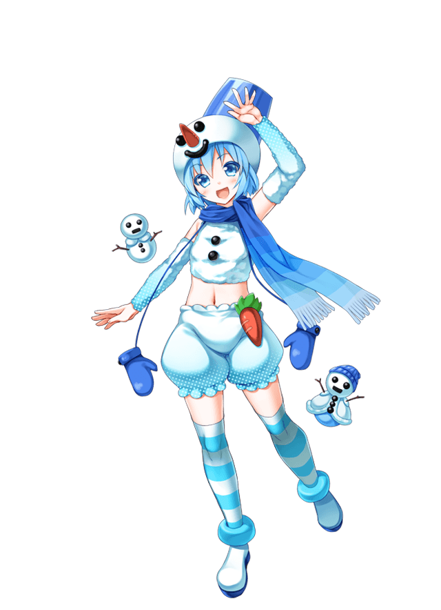 1girl :d arm_up arm_warmers blue_hair blue_headwear blue_mittens blue_scarf blue_thighhighs blush boots carrot coat dragon_providence full_body gloves holding holding_stick looking_at_viewer midriff mittens_removed navel official_art scarf smile snome_(dragon_providence) snowman solo standing stick striped striped_thighhighs thighhighs third-party_source white_footwear white_gloves white_thighhighs