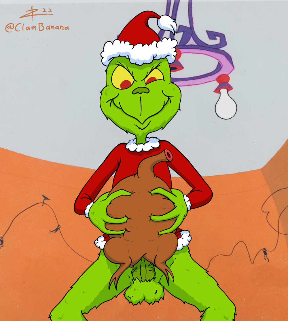 2022 4_fingers bottomless bottomless_male christmas christmas_clothing christmas_headwear clothed clothing costume digital_drawing_(artwork) digital_media_(artwork) fingers food food_fetish food_penetration food_play fur genitals green_body green_fur green_penis grinch hat headgear headwear holidays humanoid improvised_sex_toy male penis red_eyes santa_costume santa_hat signature solo yellow_sclera zigmenthotep