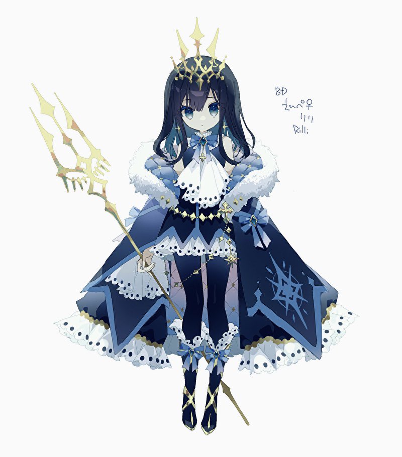 1girl blue_coat blue_dress blue_footwear blue_hair blue_pantyhose chain coat commentary_request crown dress earrings empoleon full_body gold_trim hibi89 jewelry lace-trimmed_boots lace-trimmed_coat lace-trimmed_dress lace_trim looking_at_viewer medium_hair pantyhose personification pokemon polearm quilted_clothes simple_background solo trident weapon white_background