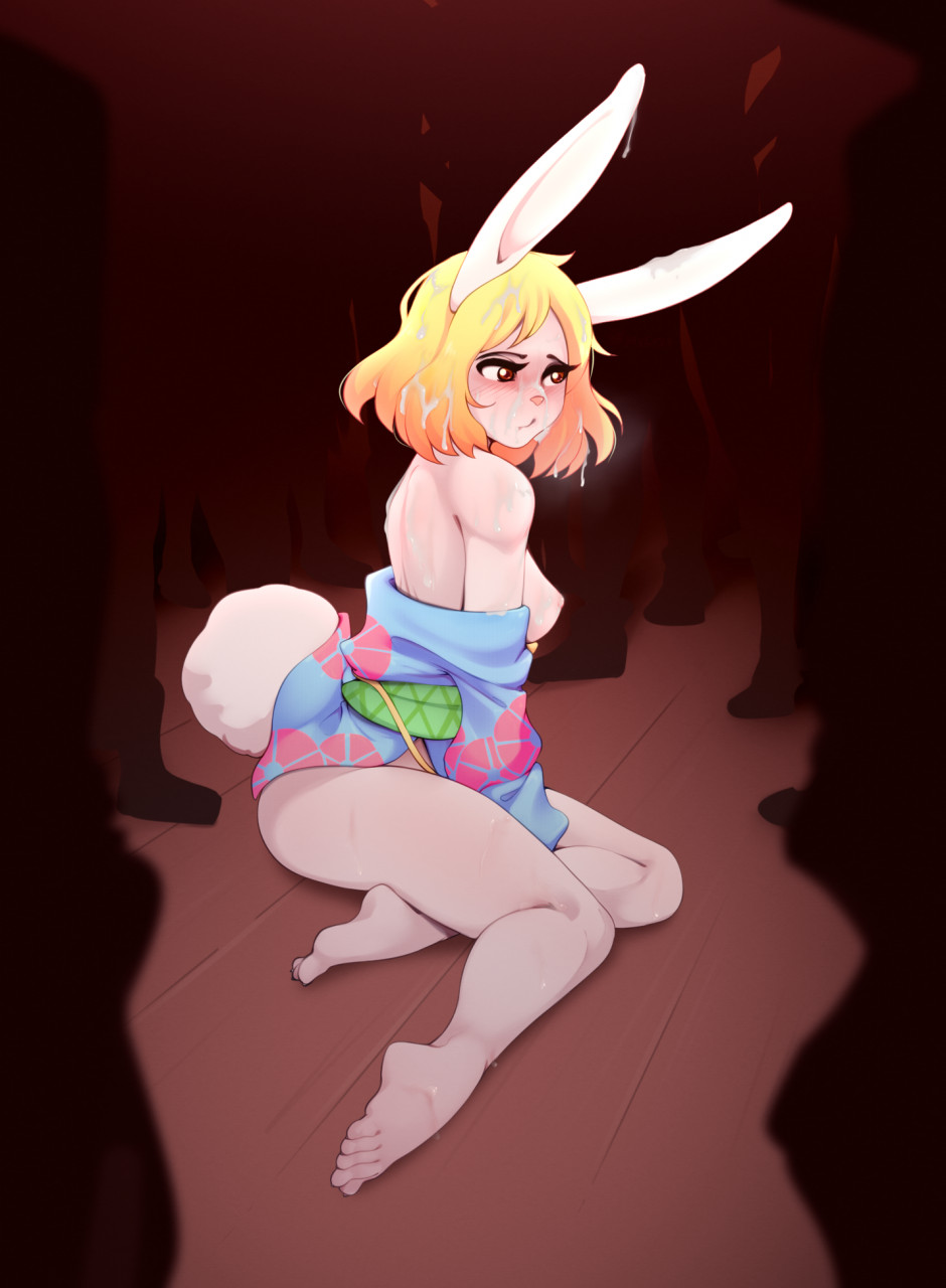 anthro asian_clothing blonde_hair blush bodily_fluids breasts bukkake carrot_(one_piece) clothed clothing crowd cum cum_in_hair cum_on_face east_asian_clothing feet female fluffy fluffy_tail fur genital_fluids gradient_background group hair hi_res japanese_clothing lagomorph leporid long_ears mammal minkmen_(one_piece) mycrys nipples one_piece partially_clothed pink_nose public rabbit short_tail simple_background sitting solo topless white_body white_fur wraps yukata