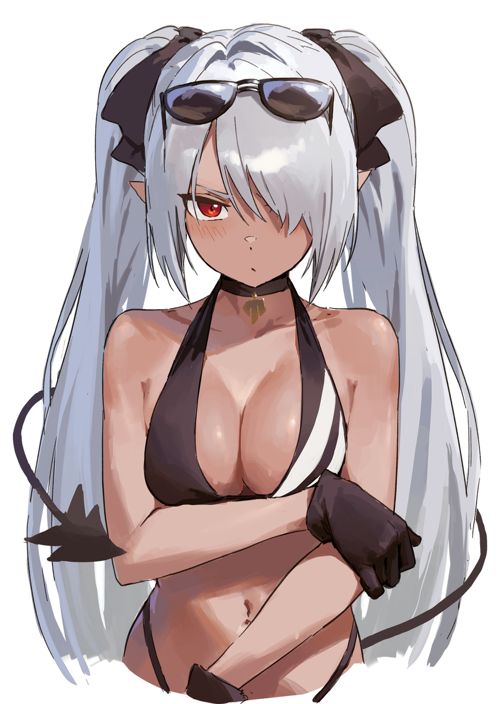 1girl bangs bare_shoulders bikini black_bikini black_choker black_gloves blue_archive blush breasts choker collarbone dark-skinned_female dark_skin demon_tail eyewear_on_head gloves hair_over_one_eye hair_ribbon highres iori_(blue_archive) iori_(swimsuit)_(blue_archive) kinta_(distortion) long_hair looking_at_viewer navel official_alternate_costume pointy_ears red_eyes ribbon small_breasts solo sunglasses swimsuit tail twintails white_background