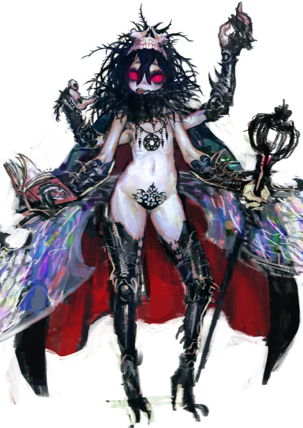 1girl armor black_cape black_hair book boots cape extra_arms flat_chest full_body gauntlets glowing glowing_eyes greaves hair_between_eyes hexagram holding holding_book holding_scepter insect_wings jewelry jon_taira long_hair navel necklace original pale_skin pubic_tattoo red_eyes scepter simple_background sketch skull star_of_david tattoo teeth thigh_boots tongue tongue_out white_background wings