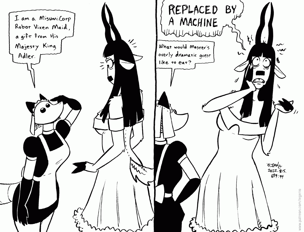 antelope anthro bovid bovine breasts clothed clothing comic dialogue dress duo english_text female hooves horn machine maid_uniform mammal miss_thompson_(tegerio) monochrome robot robota_(tegerio) scut_tail short_tail spiral-horned_antelope tegerio text uniform