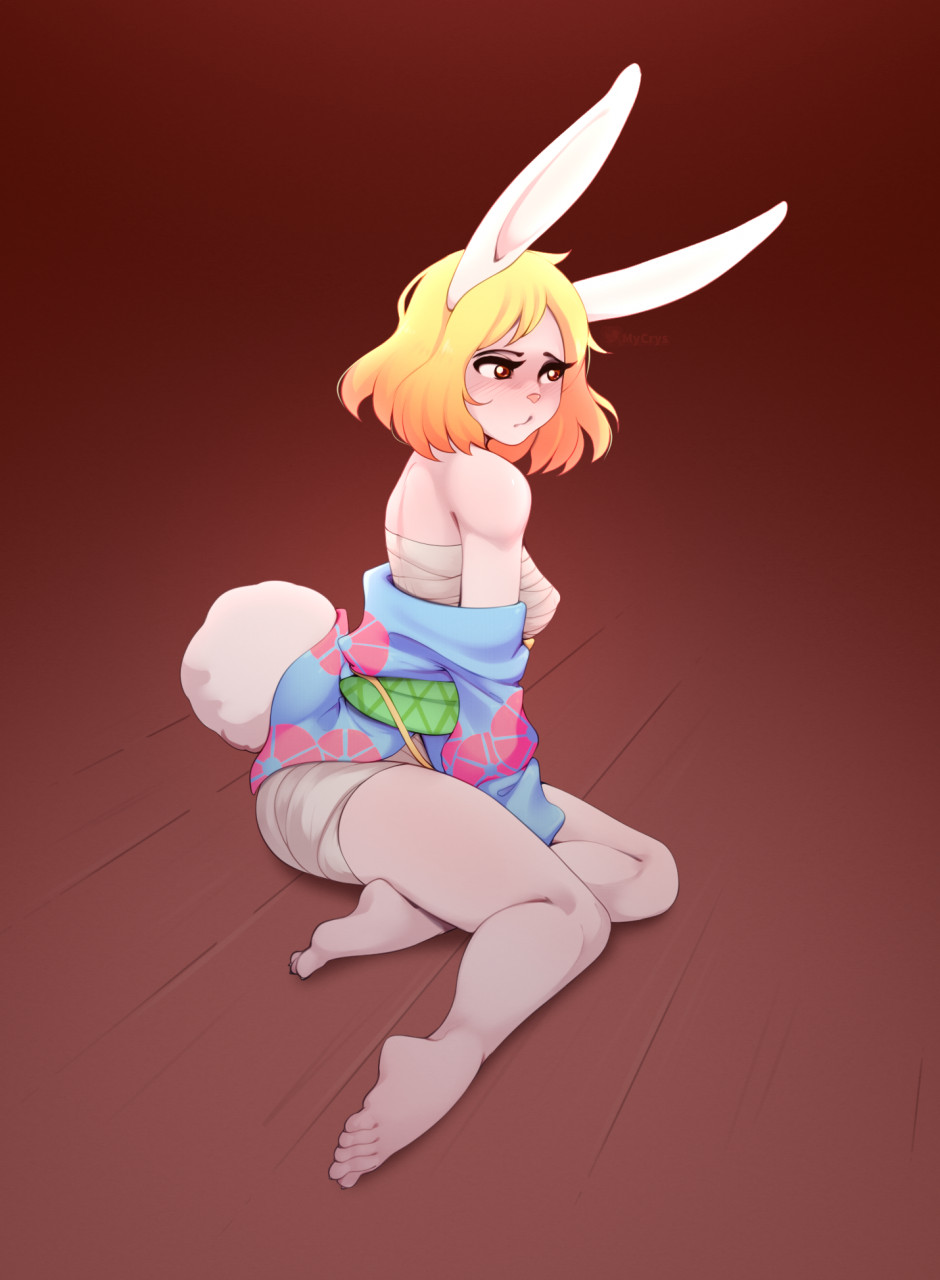 anthro asian_clothing blonde_hair blush carrot_(one_piece) chest_wraps clothed clothing east_asian_clothing feet female fluffy fluffy_tail fur gradient_background hair hi_res japanese_clothing lagomorph leporid long_ears mammal minkmen_(one_piece) mycrys one_piece partially_clothed pink_nose rabbit short_tail simple_background sitting solo white_body white_fur wraps yukata