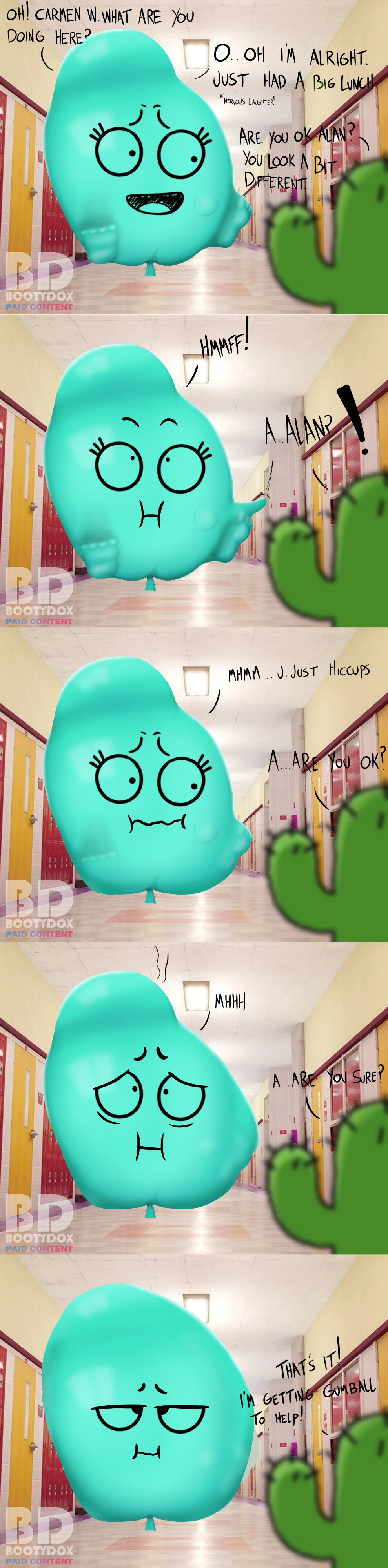 absurd_res alan_keane anthro balloon blue_body bootydox cactus carmen_(tawog) cartoon_network dialogue elemental_creature english_text female flora_fauna green_body group hallway hi_res inflatable inside inside_stomach long_image male plant school smile tall_image text the_amazing_world_of_gumball trio vore