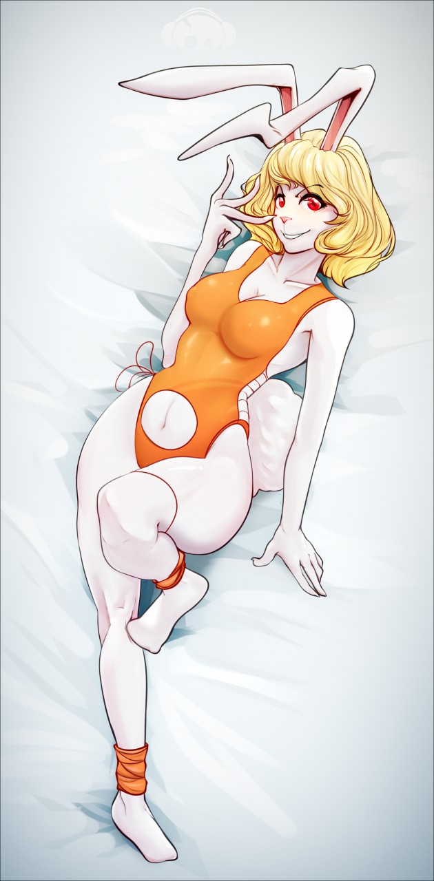 anthro bent_ears blonde_hair breasts carrot_(one_piece) clothing female fur hair hi_res lagomorph leporid long_ears lying mammal minkmen_(one_piece) mycrys navel navel_cutout on_back one-piece_swimsuit one_piece pink_nose rabbit red_eyes smile solo swimwear teeth white_body white_fur