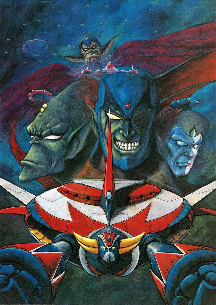 4boys beard black_eyes blaki_(grendizer) cape clenched_hands colored_sclera colored_skin facial_hair flying flying_saucer gandal_(grendizer) green_skin grendizer horns long_pointy_ears looking_down male_focus mazinger_(series) mecha multiple_boys nakamura_jun'ichi one_eye_covered pointy_ears red_cape robot science_fiction smile space spacecraft ufo_robo_grendizer vega_(grendizer) yellow_eyes yellow_sclera zuril_(grendizer)