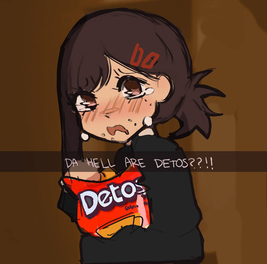 1girl black_hair black_jacket blush bootleg brown_background brown_eyes chainsaw_man chips_(food) collared_shirt crying crying_with_eyes_open doritos food frown hair_ornament hairclip higashiyama_kobeni holding holding_food idiotmeo jacket looking_at_viewer meme open_mouth shirt short_hair short_ponytail single_sidelock snapchat solo tears white_shirt