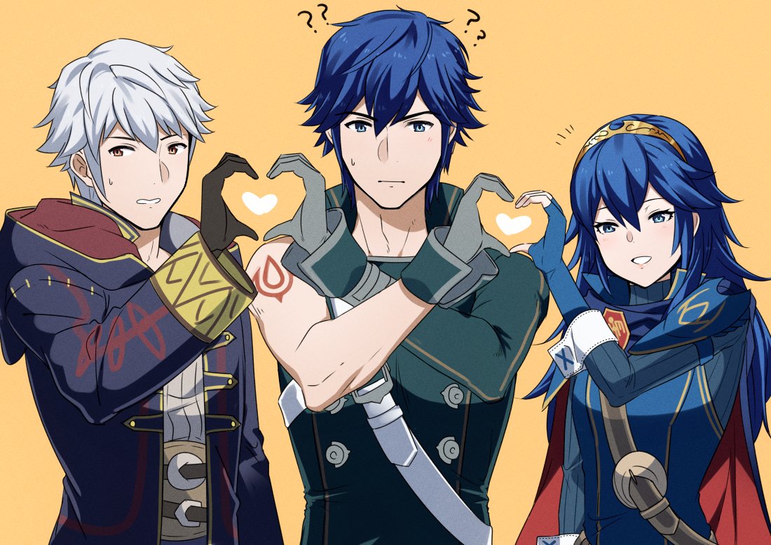 1girl 2boys ? ?? ameno_(a_meno0) bangs belt black_gloves black_robe blue_cape blue_eyes blue_gloves blue_hair brown_belt brown_eyes cape chrom_(fire_emblem) closed_mouth commentary father_and_daughter fingerless_gloves fire_emblem fire_emblem_awakening gloves grey_gloves grey_shirt heart heart_hands heart_hands_trio height_difference hood hood_down hooded_robe jewelry long_hair long_sleeves looking_at_viewer lucina_(fire_emblem) multicolored_hair multiple_boys open_clothes open_robe red_cape robe robin_(fire_emblem) robin_(fire_emblem)_(male) shirt short_hair simple_background single_sleeve smile sweatdrop symbol-only_commentary tiara two-tone_cape upper_body white_belt white_hair yellow_background