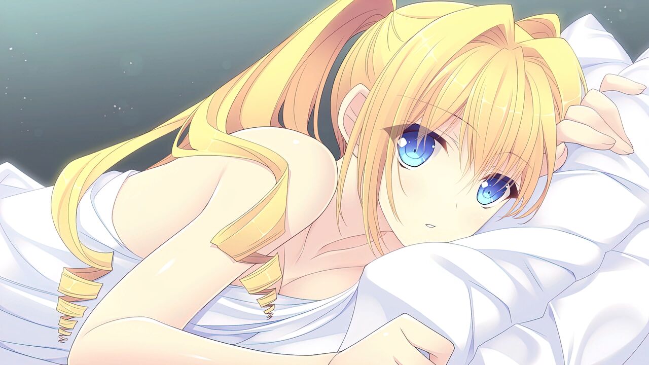 1girl bangs bare_arms bed_sheet blonde_hair blue_eyes breasts cleavage collarbone drill_hair game_cg hair_between_eyes hair_intakes indoors long_hair looking_at_viewer lying nishimata_aoi on_stomach parted_lips pillow shiny shiny_hair solo suzuhira_hiro tsuki_ni_yorisou_otome_no_sahou twintails under_covers ursule_fleur_jeanmaire
