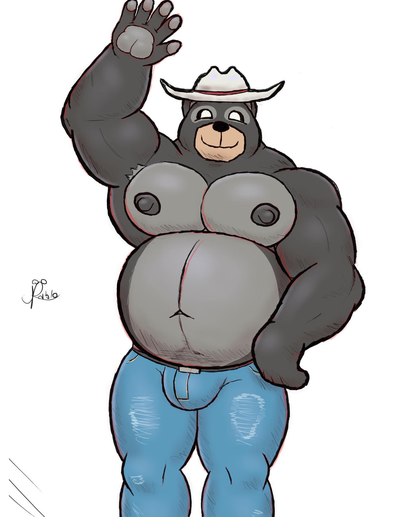 alanottaviano anthro barazoku belly black_bear black_body black_fur bulge clothing cowboy_hat fur hat headgear headwear hi_res male mammal musclegut muscular muscular_male overweight overweight_male solo ursid ursine