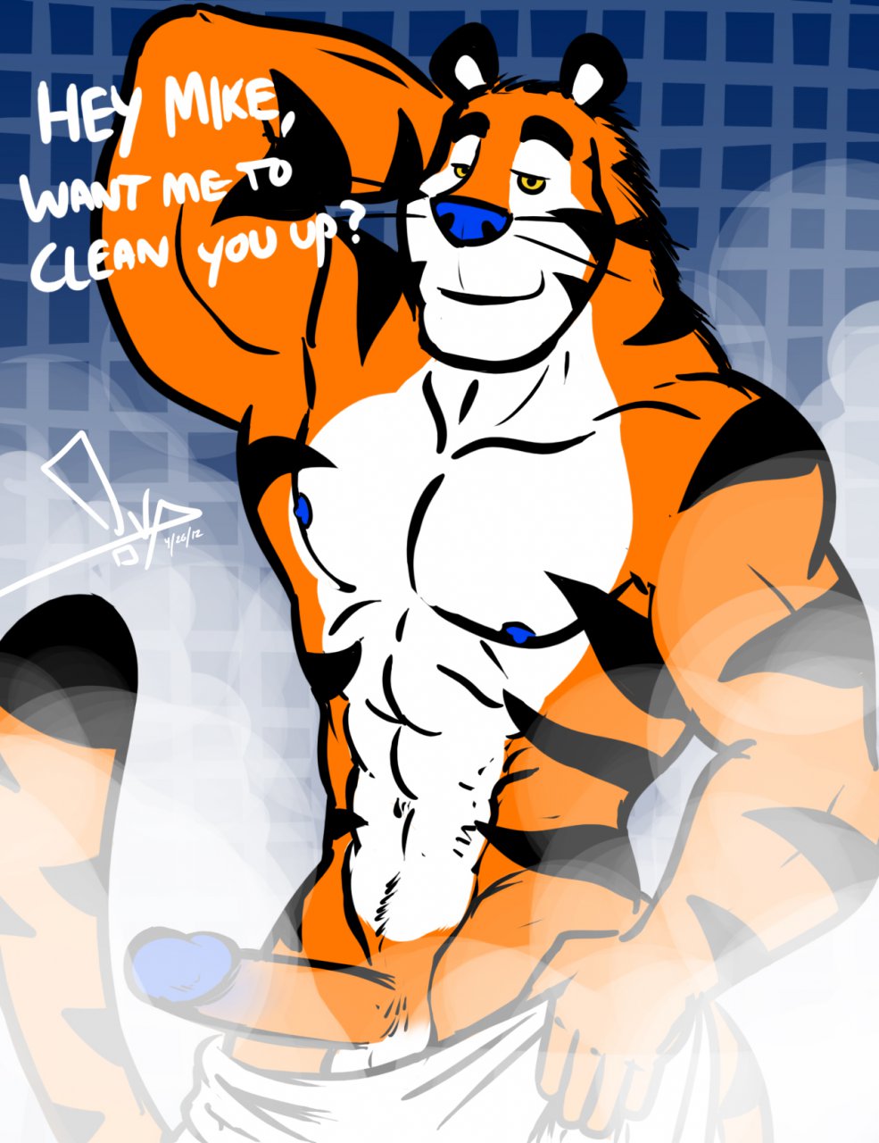 2012 abs anthro balls bgn english_text erection felid frosted_flakes genitals hi_res kellogg's male mammal mascot muscular muscular_anthro muscular_male nipples nude offscreen_character offscreen_male pantherine pecs penis shower signature solo steam text tiger tony_the_tiger towel