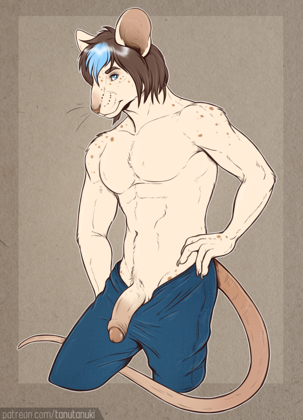 anthro blue_eyes bottomwear bottomwear_down brown_hair clothed clothing erection foreskin genitals hair hand_on_hip hi_res highlights_(coloring) humanoid_genitalia humanoid_penis looking_at_viewer male mammal mouse murid murine pants pants_down partially_clothed penis pinup pose rodent shirtless solo tanutanuki whiskers