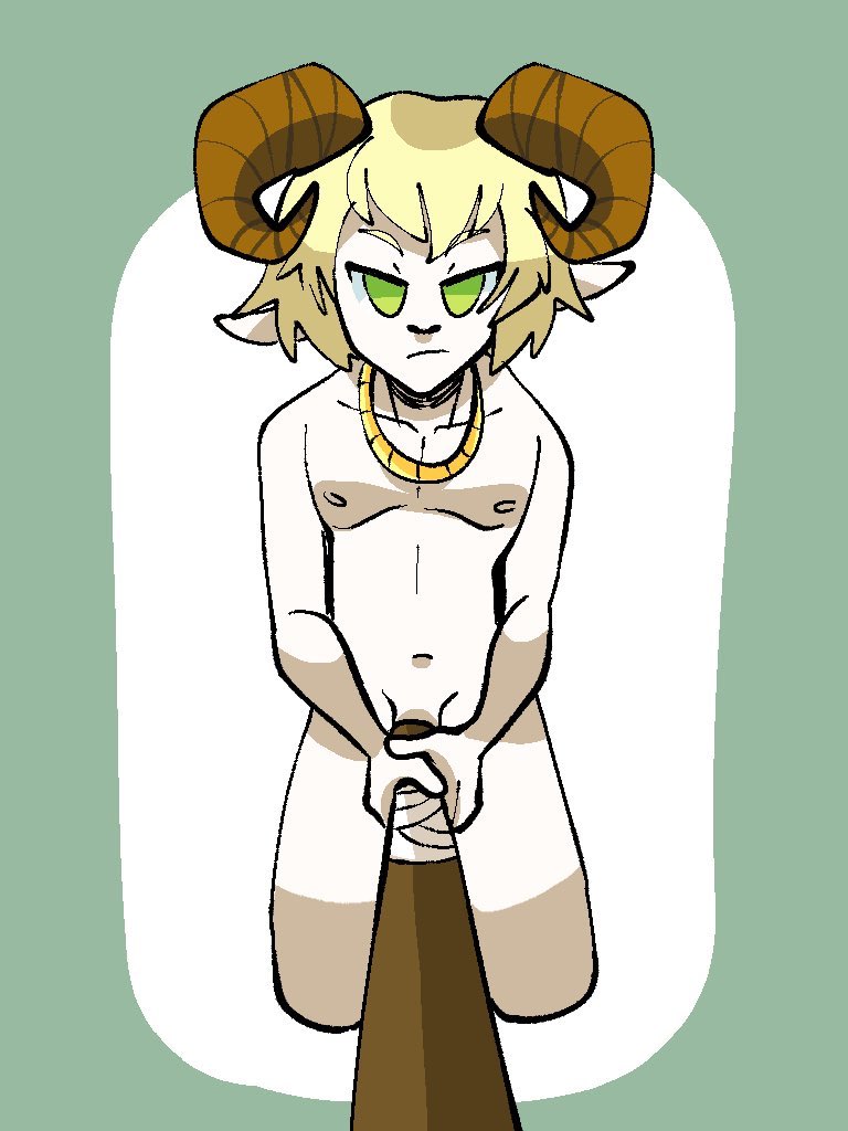 anthro baseball_bat bat_(object) blonde_hair bovid bovid_horn caprine caprine_horn chain digital_media_(artwork) fur genitals goat goat_ears gold_(metal) gold_chain green_eyes hair holding_object horn jammedvhs jewelry looking_at_viewer malcolm_(nyta) male mammal narrowed_eyes navel necklace nipples nude obscured_penis penis ram_horn simple_background skinny solo standing white_body white_fur