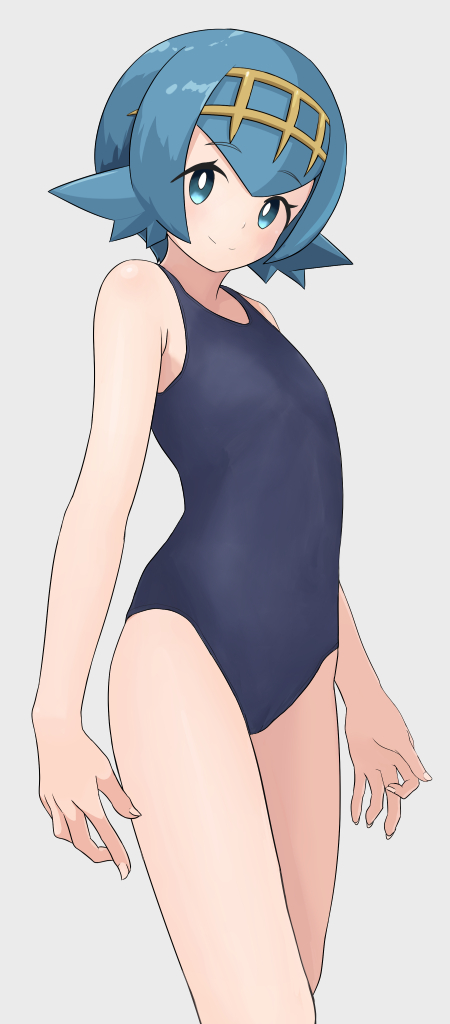 1girl bangs bare_arms blue_eyes blue_hair bright_pupils closed_mouth commentary_request flat_chest grey_background hairband hiyoshipow lana_(pokemon) no_sclera one-piece_swimsuit pokemon pokemon_(game) pokemon_sm short_hair smile solo split_mouth swimsuit white_pupils yellow_hairband
