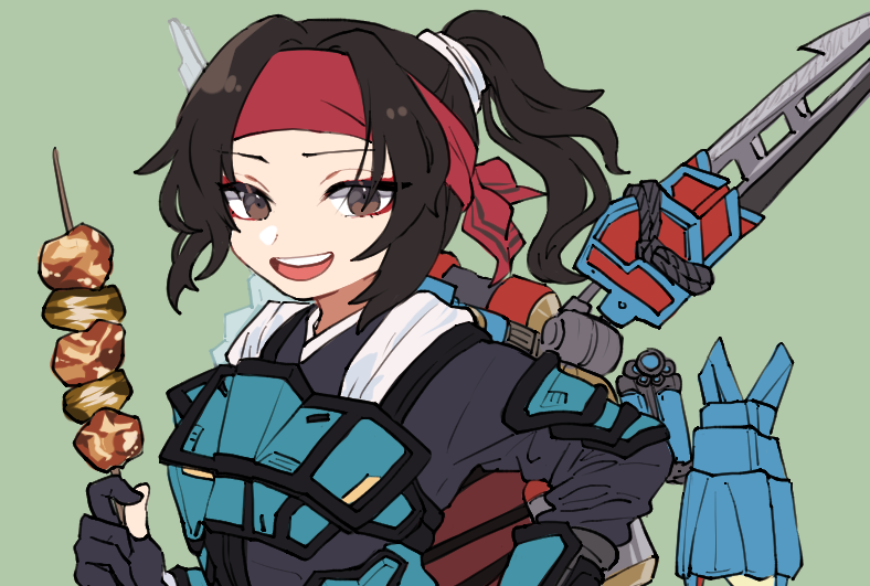 1girl animification apex_legends bangs black_eyes black_gloves black_hair black_kimono brown_eyes cloud_marauder_valkyrie eyeshadow food gloves green_background hairband holding holding_stick japanese_clothes jetpack kebab kimono makeup official_alternate_costume open_mouth parted_bangs partially_fingerless_gloves ponytail red_eyeshadow red_hairband riku_(ururi7610) smile solo stick valkyrie_(apex_legends)