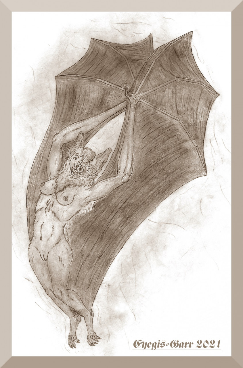 anthro bat_ears bat_nose bat_wings breasts chiropteran eyegis-garr female genitals hi_res looking_at_viewer mammal membrane_(anatomy) membranous_wings monochrome neck_tuft pussy simple_background solo spread_wings traditional_media_(artwork) tuft wings
