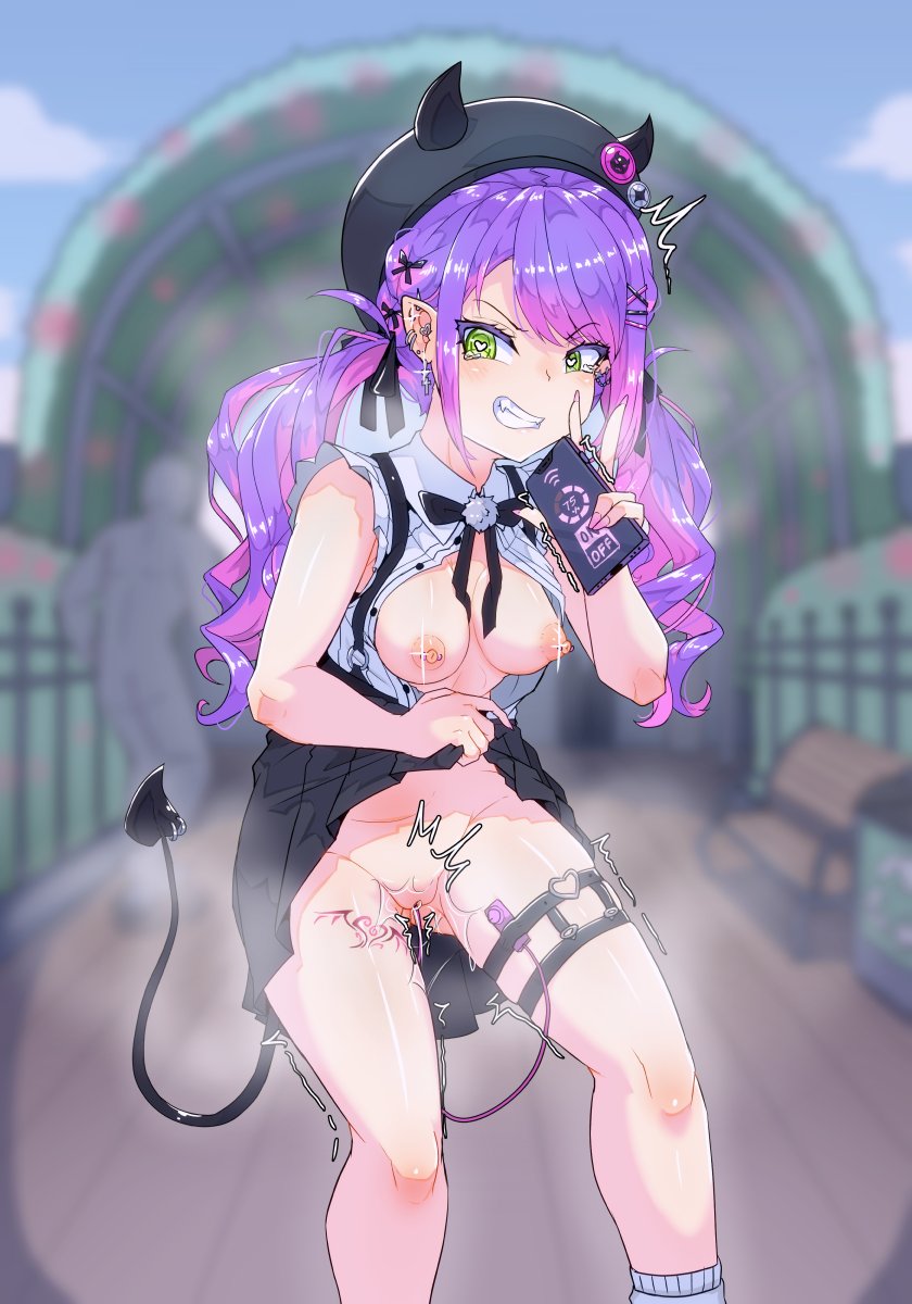 1girl bare_shoulders black_bow black_bowtie black_headwear black_skirt blush bow bowtie breast_piercing breasts cellphone clenched_teeth clothes_lift demon_girl demon_tail ear_piercing egg_vibrator fake_horns frilled_shirt frilled_sleeves frills green_eyes hair_ornament hairclip heart heart-shaped_pupils heart_o-ring high-waist_skirt highres holding holding_phone hololive horned_headwear horns lifted_by_self long_hair medium_breasts moral_cacoethes multicolored_hair nipples no_panties object_insertion outdoors phone piercing pink_hair pleated_skirt pointy_ears pom_pom_(clothes) purple_hair pussy sex_toy shirt short_sleeves skirt skirt_lift smartphone solo streaked_hair suspender_skirt suspenders symbol-shaped_pupils tail tail_ornament tail_piercing tears teeth thigh_strap tokoyami_towa trembling twintails vibrator virtual_youtuber white_shirt