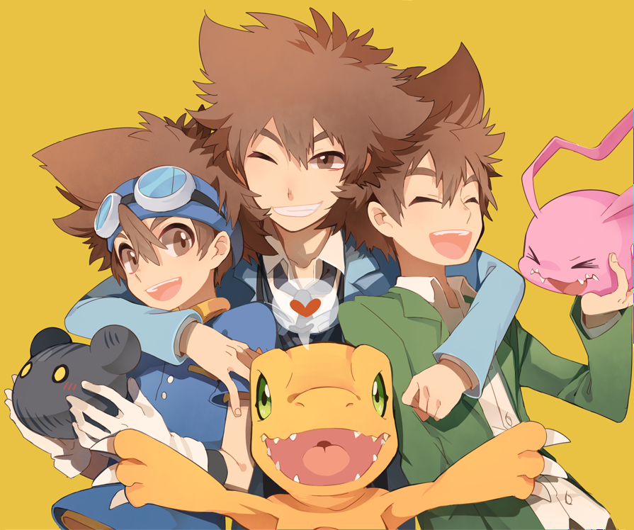 agumon botamon brown_eyes brown_hair digimon digimon_adventure digimon_adventure_02 digimon_adventure_tri. fangs green_eyes happy heart huan_li koromon one_eye_closed open_mouth school_uniform simple_background variations yagami_taichi yellow_background