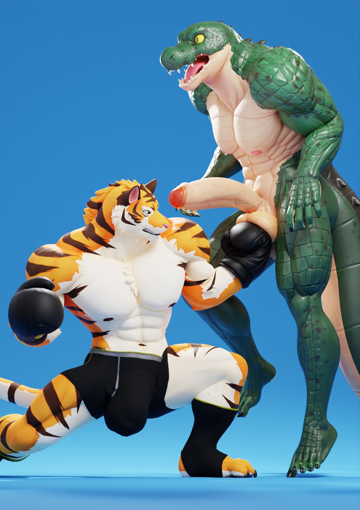 abs anthro ball_punching ballbusting big_bulge big_penis bottomwear boxing_gloves bulge claws clenched_teeth clothing cock_and_ball_torture connivingrat crocodilian duo erection felid fingerless_gloves footwear genital_torture genitals gloves handwear helm_(connivingrat) hi_res huge_bulge male male/male mammal muscular muscular_male nipples nude open_mouth pain pantherine pecs penis reptile scalie shorts stead_(connivingrat) teeth tiger wide_eyed
