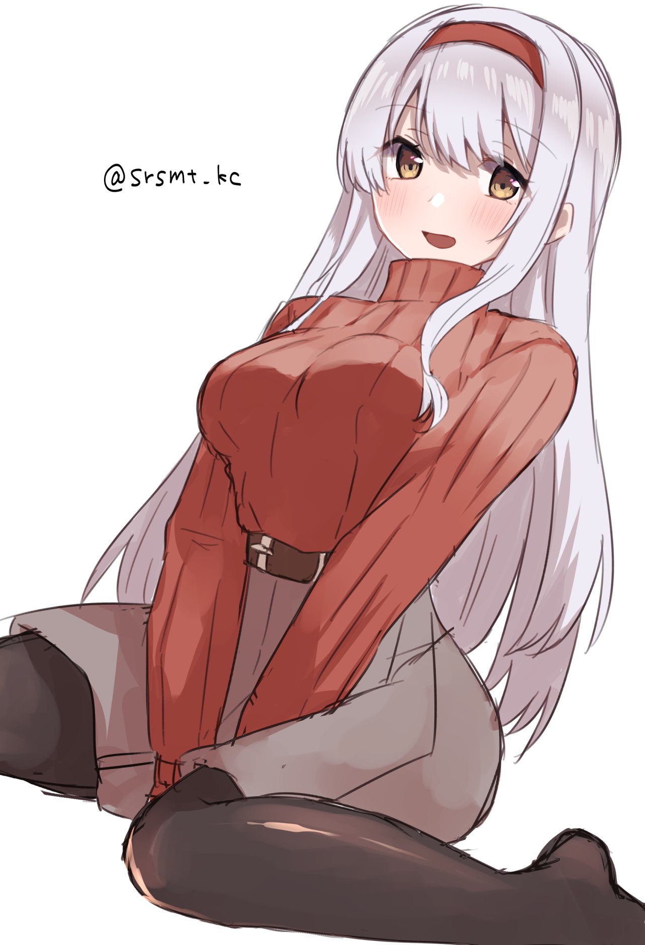 1girl black_pantyhose brown_eyes grey_skirt hairband highres kantai_collection long_hair looking_at_viewer official_alternate_costume one-hour_drawing_challenge pantyhose pencil_skirt red_hairband red_sweater ribbed_sweater shirasumato shoukaku_(kancolle) simple_background skirt solo sweater twitter_username white_background white_hair