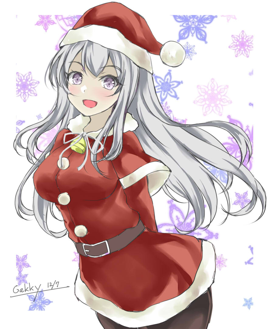 1girl arms_behind_back black_pantyhose capelet dress fur-trimmed_capelet fur-trimmed_dress fur-trimmed_headwear fur_trim gakky grey_eyes hat kantai_collection long_hair official_alternate_costume one-hour_drawing_challenge pantyhose red_capelet red_dress red_headwear santa_dress santa_hat shoukaku_(kancolle) smile snowflake_background solo white_background white_hair