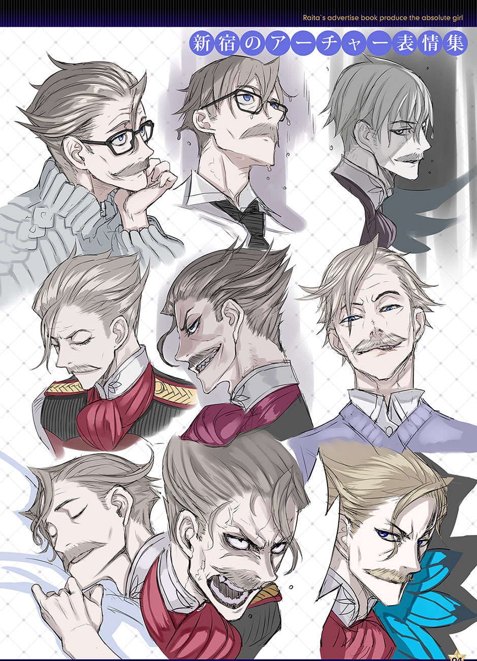 1boy ascot black-framed_eyewear blonde_hair blue_eyes closed_mouth expressions facial_hair fate/grand_order fate/grand_order_arcade fate_(series) glasses grey_hair highres honjou_raita james_moriarty_(archer)_(fate) looking_at_viewer male_focus multiple_views mustache old old_man open_mouth purple_sweater red_ascot shirt sleeping sweater wet wet_hair white_shirt wide-eyed