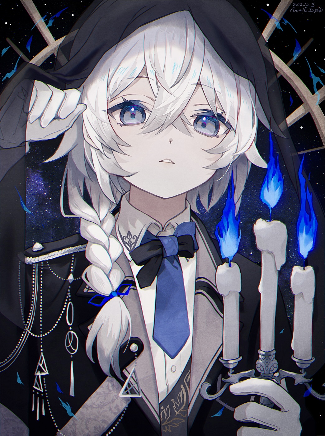 1boy androgynous black_hoodie blue_fire braid candle candlestand fire gloves grey_eyes highres hood hoodie long_hair looking_at_viewer male_focus namiki_itsuki original otoko_no_ko parted_lips solo teeth white_hair