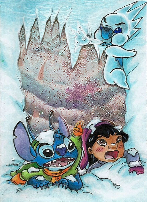 2017 4_fingers alien ambiguous_gender antennae_(anatomy) anthro black_eyes black_hair blue_body blue_claws blue_eyes blue_fur blue_nose breath_powers brown_eyes claws clothed clothing coat dipstick_antennae disney elemental_manipulation experiment_(lilo_and_stitch) female finger_claws fingers fofostyle fur gesture group hair handwear human ice ice_breathing ice_manipulation icicle lilo_and_stitch lilo_pelekai looking_at_another looking_up male_(lore) mammal mittens multicolored_antennae notched_ear open_mouth pointing pointing_at_another slushy_(lilo_and_stitch) stitch_(lilo_and_stitch) topwear torn_clothing traditional_media_(artwork) trio