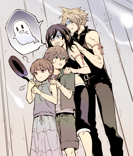 2boys 2girls arm_ribbon bare_shoulders belt belt_buckle black_hair black_pants black_shorts blonde_hair brown_eyes brown_hair buckle cloud_strife crop_top denzel family female_child final_fantasy final_fantasy_vii final_fantasy_vii_advent_children ghost hands_on_another's_shoulders high_collar holding long_hair lowres male_child marlene_wallace mono0805 multiple_boys multiple_girls pants ribbon scared shirt shorts skillet sleeveless speech_bubble spiked_hair standing tifa_lockhart undershirt