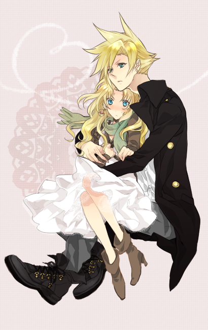 1boy 1girl blonde_hair blue_eyes blush boots cloud_strife couple dissidia_final_fantasy dress earrings female final_fantasy final_fantasy_vi final_fantasy_vii high_heels jewelry kai_(pixiv376689) long_hair male scarf shoes short_hair spiked_hair spiky_hair tina_branford trench_coat trenchcoat