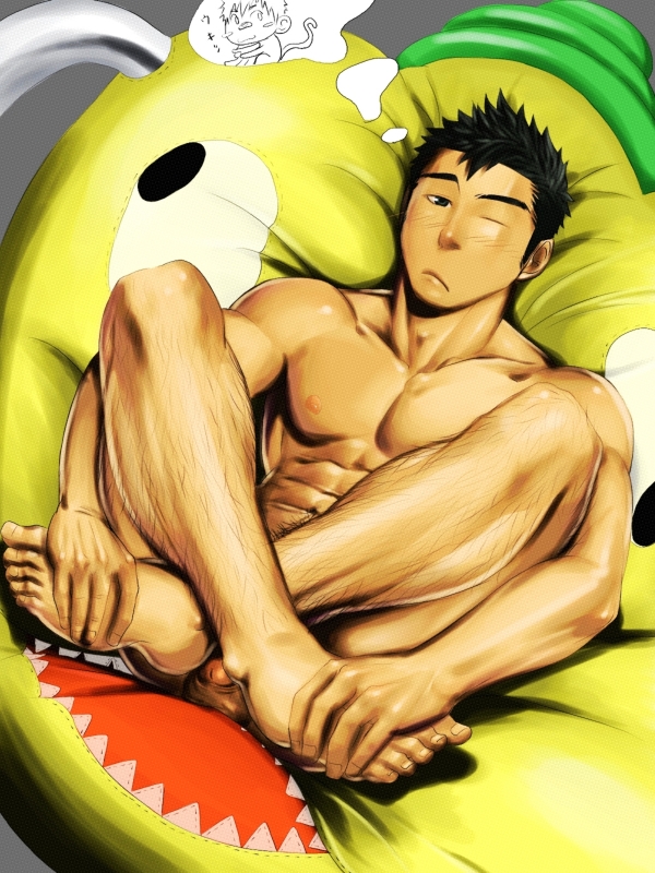 1boy abs black_hair boy closed_legs couch cushion full_body itto_(mentaiko) legs_closed male_focus mentaiko muscle muscles nude penis solo