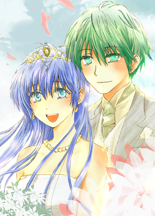 blue_hair bride dress elice elice_(fire_emblem) fire_emblem fire_emblem:_monshou_no_nazo fire_emblem:_shin_ankoku_ryuu_to_hikari_no_tsurugi fire_emblem_mystery_of_the_emblem fire_emblem_shadow_dragon green_hair groom marich merric nintendo tiara wedding wedding_dress