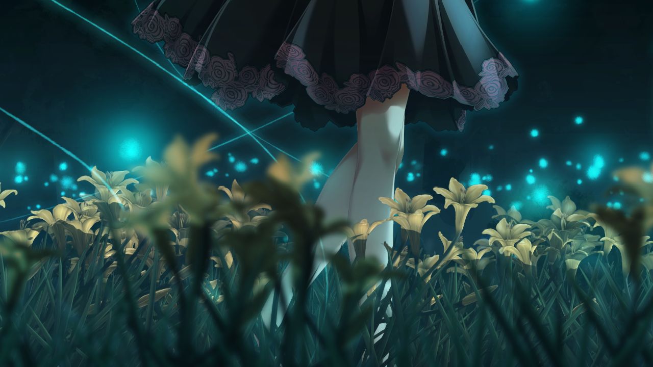 1girl amatsutsumi black_dress blurry blurry_foreground dress field floral_print flower flower_field game_cg medium_dress night print_dress rose_print solo tsukimori_hiro yellow_flower