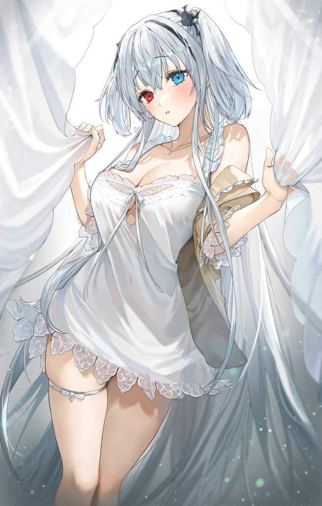 1girl azur_lane bare_shoulders blue_eyes blush breasts cleavage dress elbing_(azur_lane) heterochromia hu_kotora jewelry lace_trim large_breasts long_hair looking_at_viewer necklace red_eyes sleepwear standing thigh_strap two_side_up very_long_hair white_dress white_hair