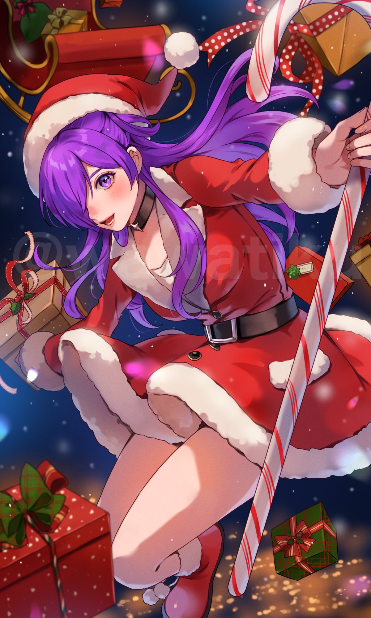 1girl alternate_costume bangs blush box breasts candy candy_cane choker christmas city_lights dress fire_emblem fire_emblem:_three_houses fire_emblem_warriors:_three_hopes floating_hair food fur-trimmed_dress fur-trimmed_headwear fur_trim gift gift_box hair_over_one_eye hat highres holding holding_candy holding_candy_cane holding_food long_hair looking_at_viewer medium_breasts night open_mouth purple_eyes purple_hair red_dress santa_costume santa_dress santa_hat shez_(fire_emblem) shez_(fire_emblem)_(female) skirt sleigh smile snowing solo wawatiku