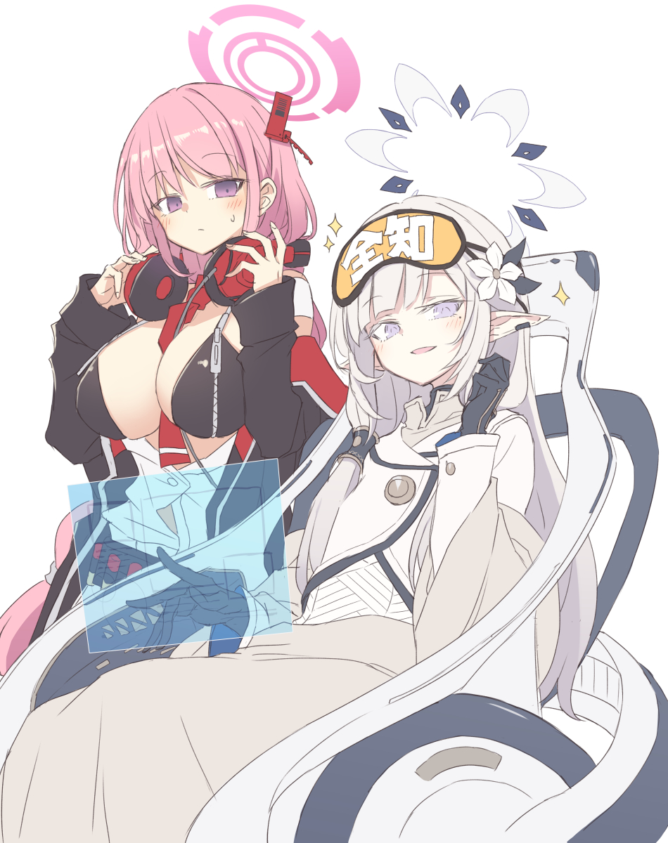 2girls ammunition_belt bangs between_breasts black_gloves black_jacket blue_archive blush breasts cleavage closed_mouth commentary eimi_(blue_archive) eye_mask flower gloves grey_eyes hair_flower hair_ornament halo headphones headphones_around_neck highres himari_(blue_archive) holographic_monitor jacket large_breasts long_hair long_skirt looking_at_viewer multiple_girls necktie necktie_between_breasts open_clothes open_jacket open_mouth pink_hair pointy_ears purple_eyes red_necktie satou_kibi short_hair sidelocks simple_background skirt smile sparkle sweatdrop very_long_hair wheelchair white_background white_hair