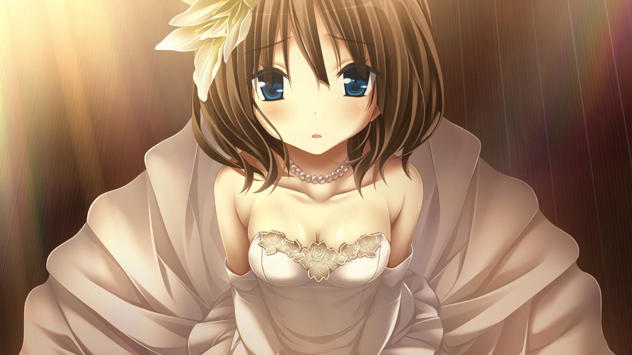 1girl amatsutsumi bangs blue_eyes breasts brown_hair cleavage collarbone dress elbow_gloves from_above game_cg gloves hair_between_eyes hair_ornament jewelry long_hair looking_at_viewer looking_up medium_breasts minazuki_hotaru_(amatsutsumi) necklace open_mouth shiny shiny_hair solo strapless strapless_dress tsukimori_hiro wedding_dress white_dress white_gloves wooden_floor