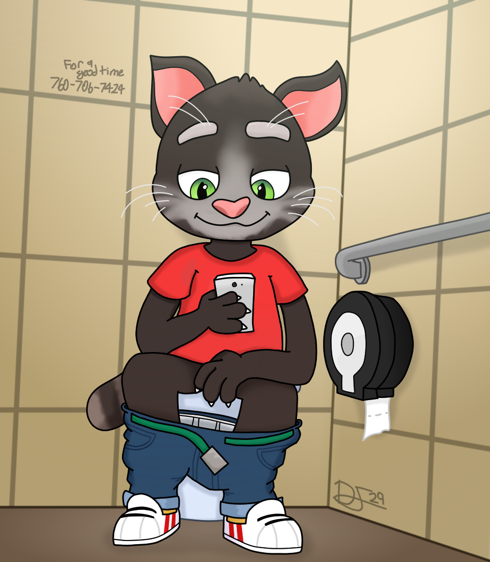 anthro bathroom belt bottomwear bottomwear_down clawed_fingers clothed clothing danfitz29 domestic_cat felid feline felis green_eyes holding_object holding_phone looking_at_object looking_at_phone male mammal pants pants_down partially_clothed phone phone_number public_restroom red_clothing restroom_stall smile solo talking_friends talking_tom toilet toilet_use