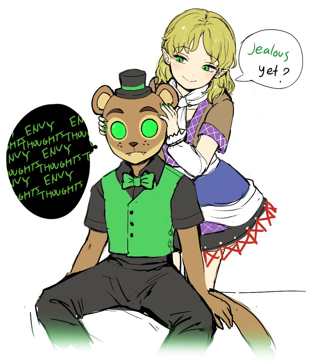 1boy 1girl animal_ears arm_warmers bangs black_pants black_shirt blonde_hair english_text five_nights_at_freddy's green_eyes green_vest hat highres himuhino japanese_clothes mizuhashi_parsee multicolored_clothes pants pointy_ears popgoes popgoes_the_weasel sash scarf shirt short_sleeves tail top_hat touhou vest weasel_ears weasel_tail white_sash white_scarf