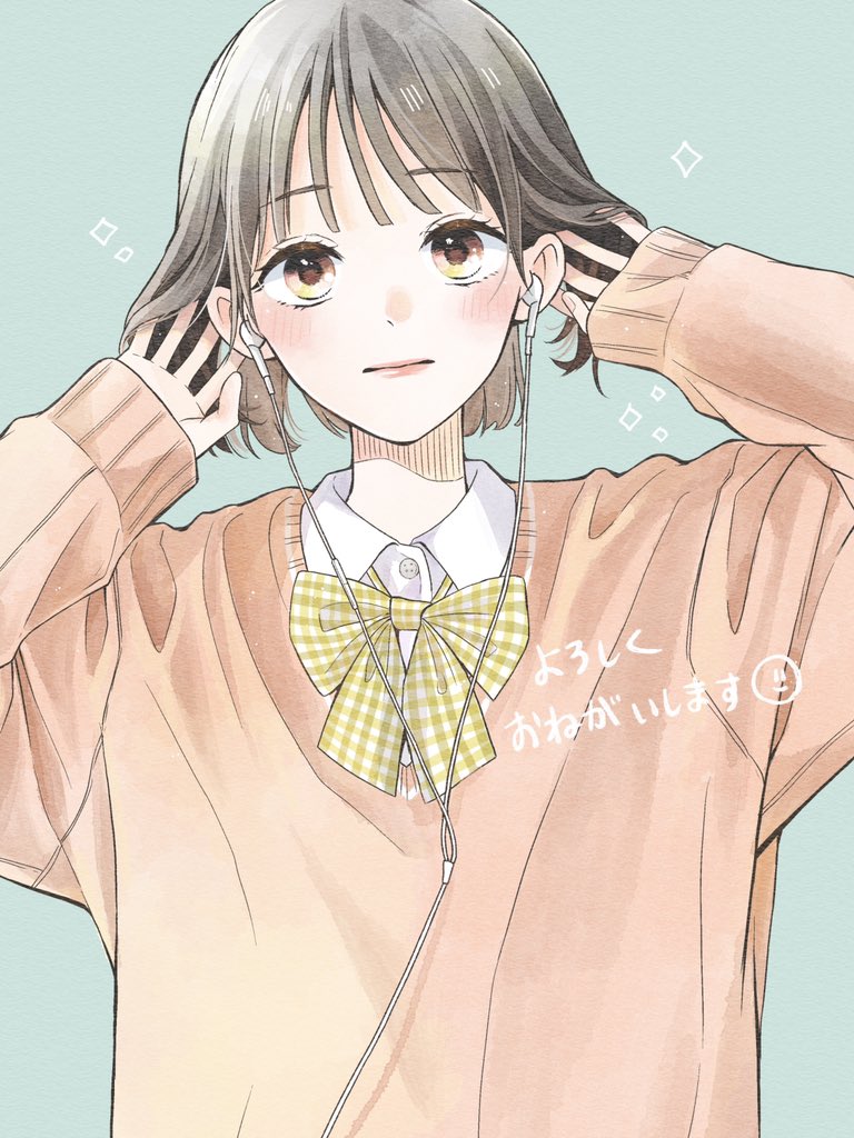 1girl :| baggy_clothes bangs black_eyes black_hair blush bow bowtie brown_eyes cardigan closed_mouth collared_shirt commentary earphones furusato_kou gingham_bow gradient_eyes grey_hair hand_in_own_hair light_blue_background long_sleeves looking_at_viewer multicolored_eyes multicolored_hair nose_blush original pink_cardigan pink_lips school_uniform shirt short_hair sleeves_past_wrists smiley_face solo upper_body white_shirt yellow_bow yellow_bowtie