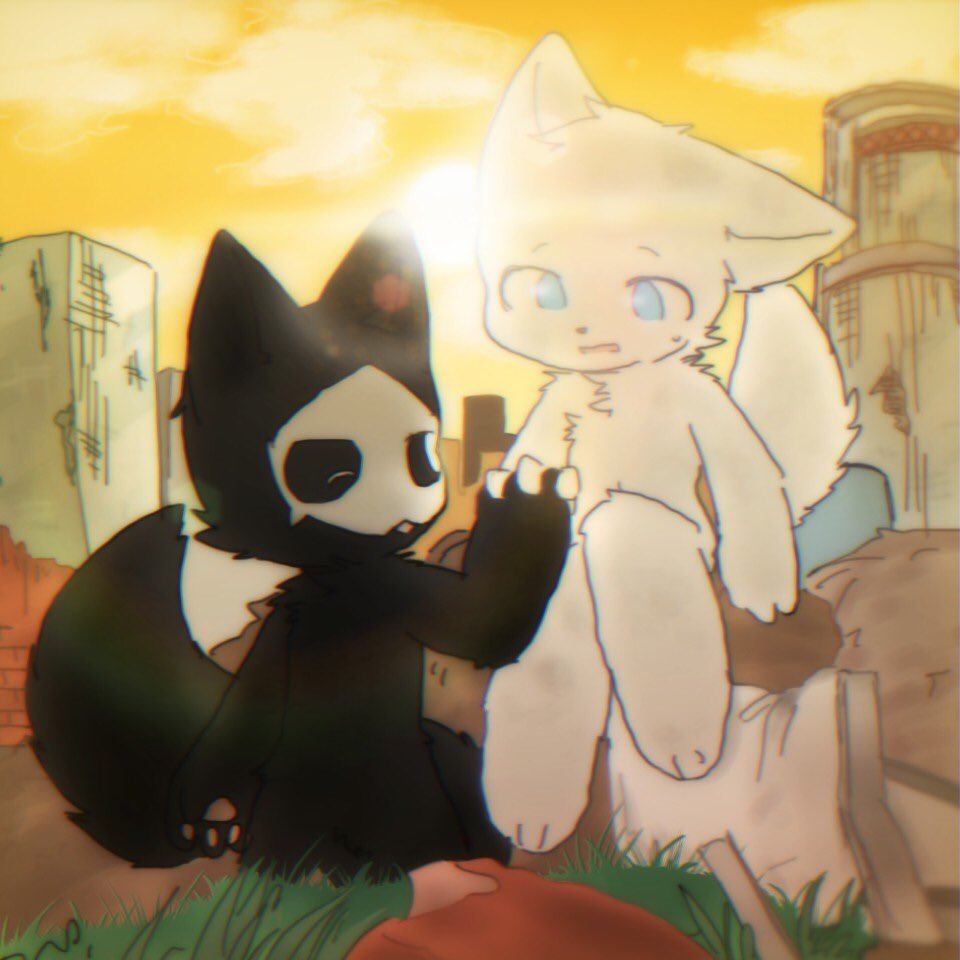 4_fingers anthro black_body black_fur bloom blue_eyes canid canine canis changed_(video_game) chano chibi city city_background cityscape daww duo fingers fur goo_creature grass hand_holding light lin_(changed) male mammal mask one_eye_closed open_mouth pawpads paws plant puro_(changed) sun sunlight sunset white_body white_fur wink wolf