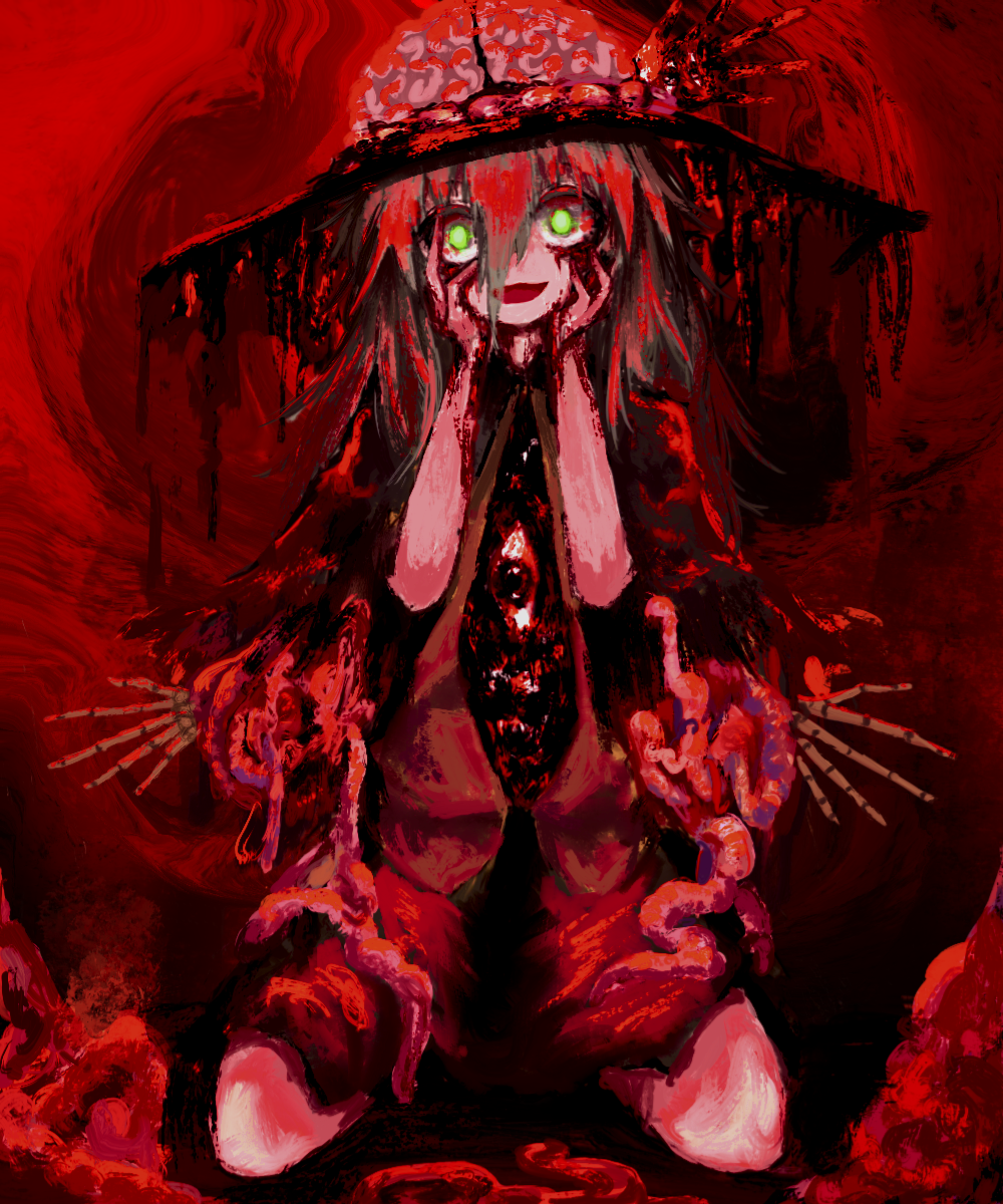 1girl black_headwear blood blood_from_eyes blood_on_face blood_splatter blouse crazy crazy_eyes entrails exposed_brain eyeball glowing glowing_eyes green_eyes guro hands_on_own_face hat highres kneeling komeiji_koishi medium_hair open_mouth organs red_theme reverinth shirt skeleton skirt solo spot_color third_eye touhou