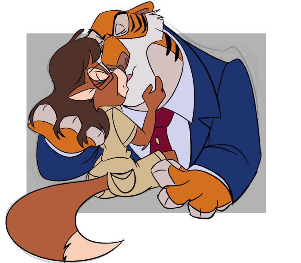 affectionate anthro bengal_tiger black_body black_eyebrows black_fur black_stripes black_tie_(suit) bottomwear brown_body brown_fur brown_hair brown_nose button_(fastener) canid canine cjzilla88 clothed clothing coat disney dress_shirt duo eyebrows eyelashes eyes_closed eyewear felid female fluffy fluffy_tail fox fully_clothed fur glasses grey_background hair hand_in_hair hand_on_face holding_face interspecies jacket kiss_on_lips kissing long_hair love making_out male male/female mammal markings multicolored_body multicolored_fur myra_foxworthy necktie orange_body orange_fur pantherine pockets shere_khan shirt shorts simple_background sitting size_difference standing striped_body striped_fur striped_markings stripes suit talespin thick_eyebrows tiger topwear touching_face touching_hair white_background white_body white_fur