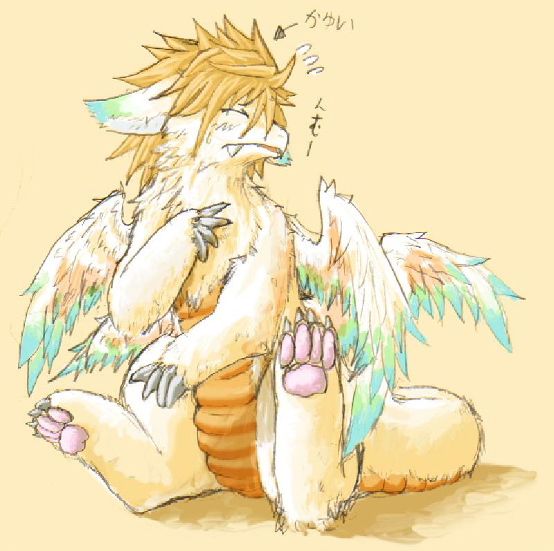 4_toes ambiguous_gender anthro claws dragon eyes_closed fangs feathered_dragon feathered_wings feathers feet flammie fur furred_dragon hair japanese_text mana_(series) multi_wing nude orange_background pawpads secret_of_mana simple_background sitting solo square_enix text toes translation_request unknown_artist video_games white_background wings yellow_body yellow_fur
