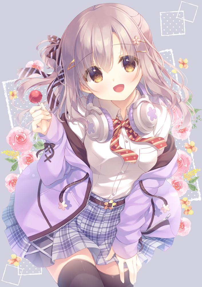 1girl :d black_thighhighs blue_skirt bow breasts brown_eyes brown_hair candy collared_shirt commentary_request diagonal-striped_bow dress_shirt floral_background flower food grey_background hair_bun headphones headphones_around_neck holding holding_candy holding_food holding_lollipop hood hood_down hooded_jacket jacket lollipop long_hair long_sleeves looking_at_viewer off_shoulder one_side_up open_clothes open_jacket original pink_flower pink_rose plaid plaid_skirt purple_jacket red_bow rose shirt single_side_bun skirt sleeves_past_wrists small_breasts smile solo thighhighs white_shirt yellow_flower yukie_(peach_candy)