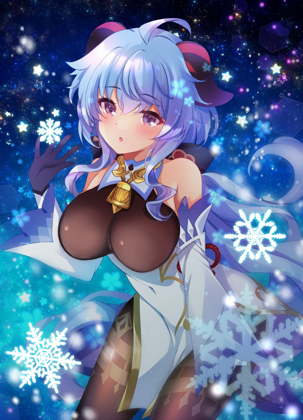 1girl :o ahoge bangs bare_shoulders bell black_pantyhose blue_gloves blue_hair blush breasts detached_sleeves ganyu_(genshin_impact) genshin_impact gloves gold_trim highres horns ichiyou_moka large_breasts long_hair looking_at_viewer neck_bell open_mouth pantyhose purple_eyes sidelocks snowflakes solo thighlet white_sleeves