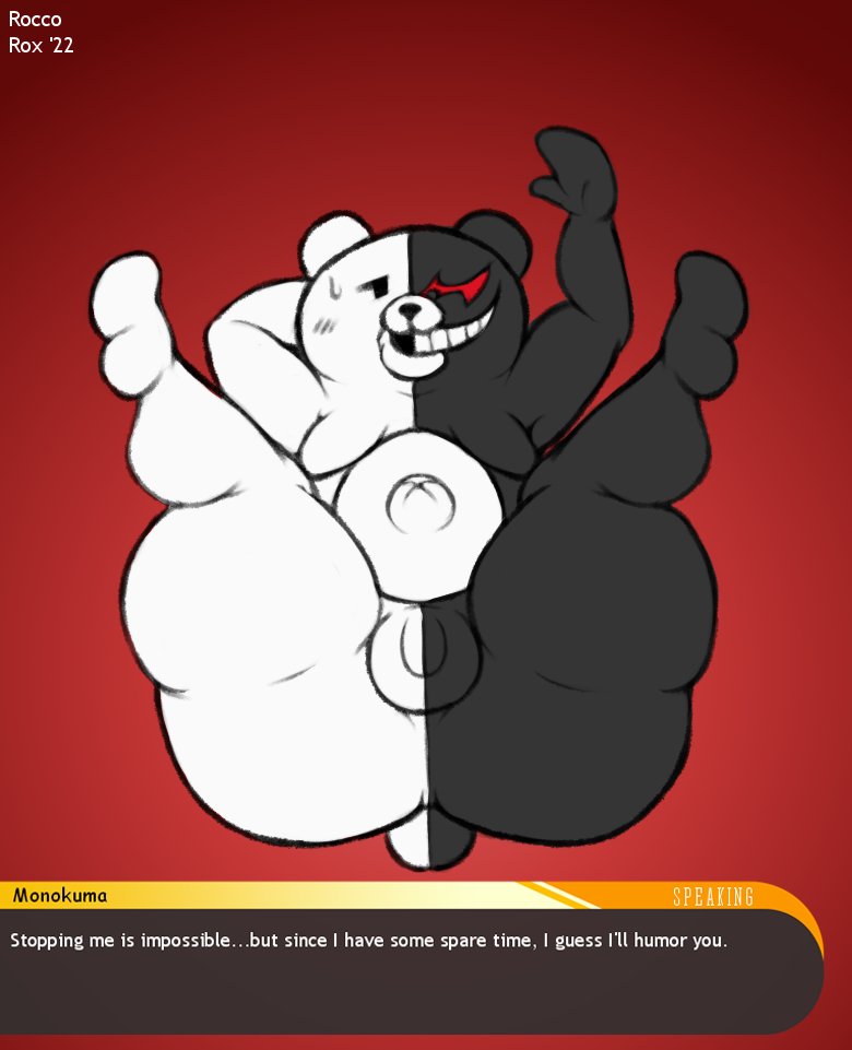 anthro balls black_body black_eyes butt dialogue dialogue_box english_text genitals heterochromia male mammal micropenis monokuma multicolored_body navel outie_navel overweight overweight_anthro overweight_male penis presenting presenting_hindquarters presenting_penis red_background red_eyes roccorox simple_background small_penis solo text two_tone_body ursid white_body