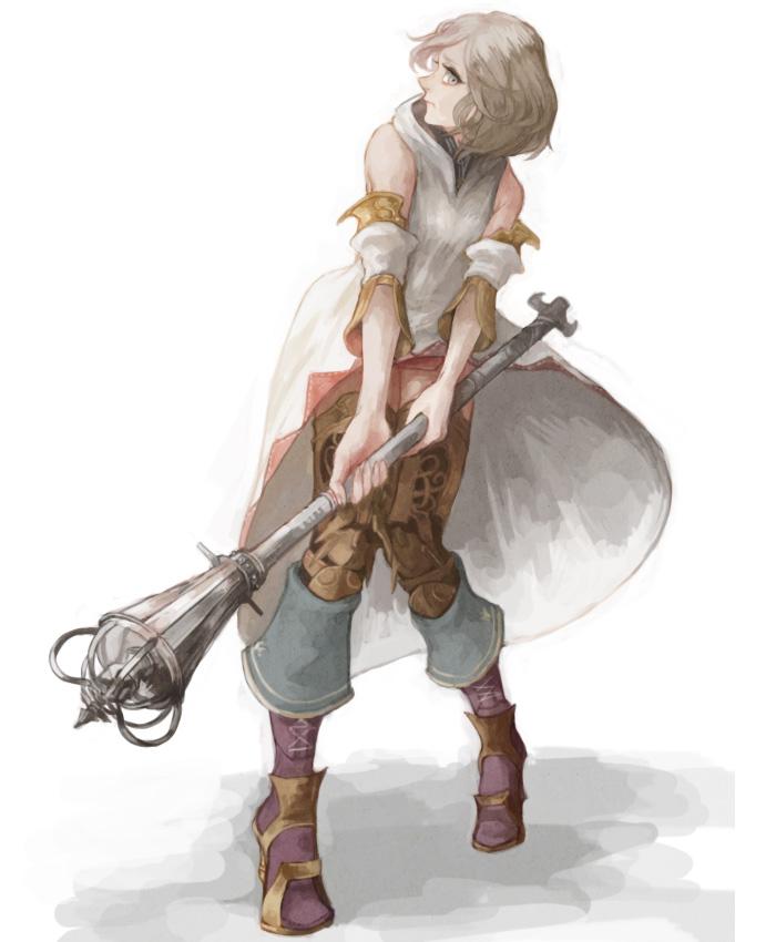 1girl ashelia_b'nargin_dalmasca blonde_hair breasts closed_mouth detached_sleeves final_fantasy final_fantasy_xii full_body looking_at_viewer miniskirt pr_(puru) robe short_hair simple_background skirt solo staff thighhighs weapon white_background white_mage